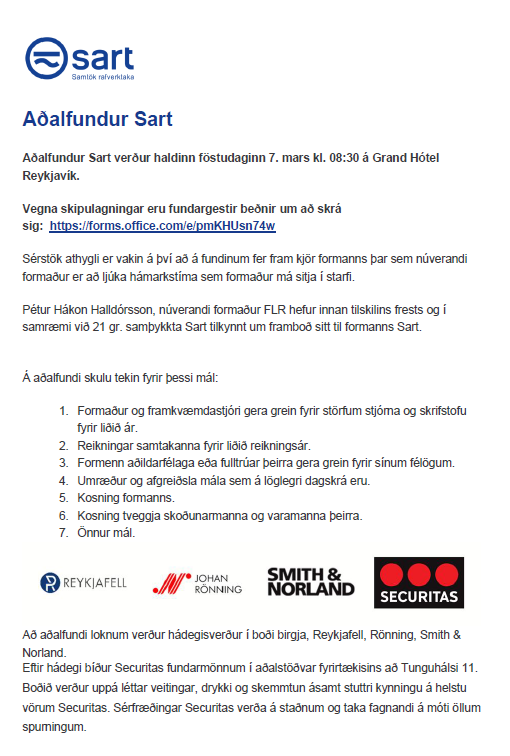 Aðalfundur SART verður haldinn 7. mars á Grand Hótel